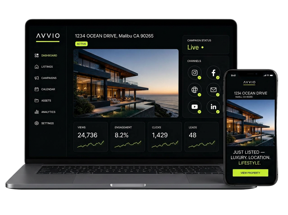 Avvio dashboard shown on a laptop alongside a phone, showcasing a luxury listing campaign