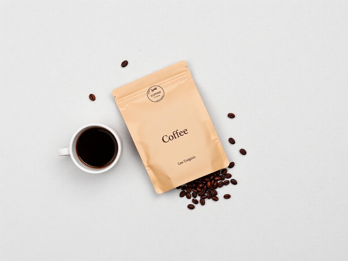 A bag of coffee beside a cup and scattered roasted beans
