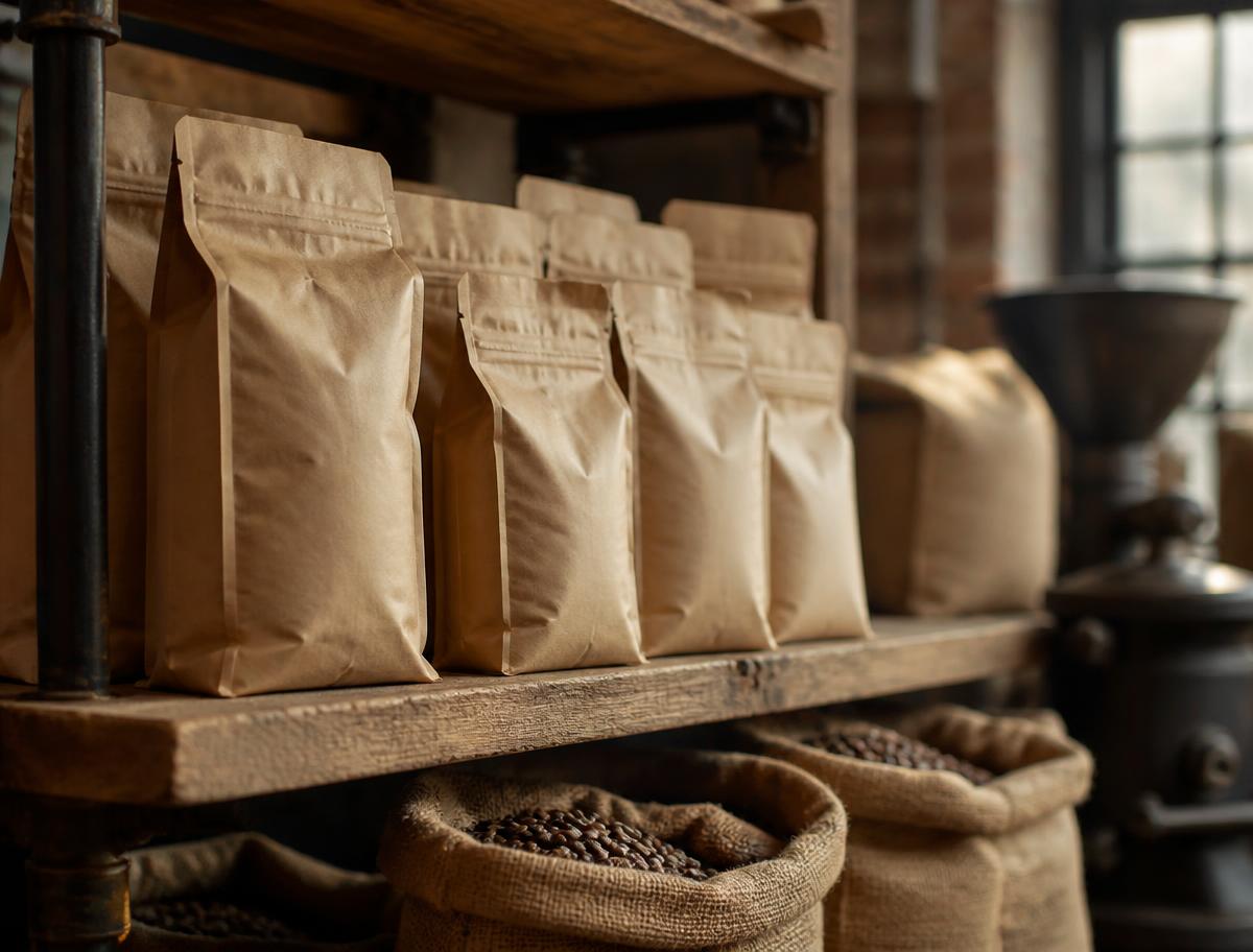 Kraft bags of freshly roasted coffee on a wooden shelf