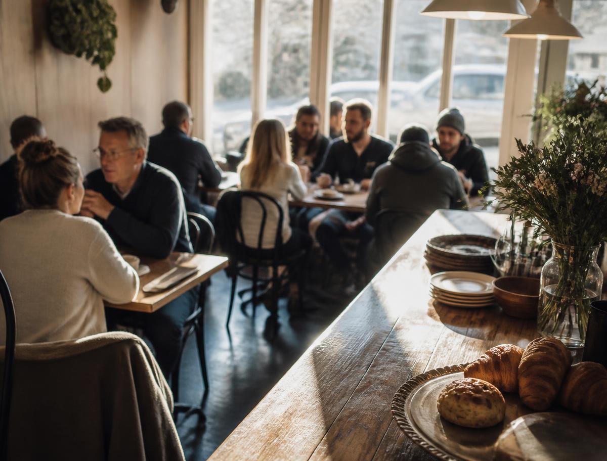 A busy small cafe on a weekend morning